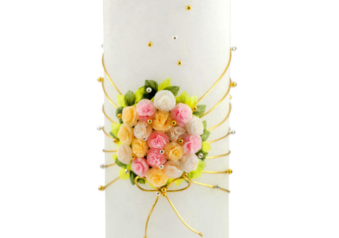 Võhma valgusevabriku käsitsi valatud pulmaküünal 3D kaunistusega lilled, pärlid ja kuldne pael