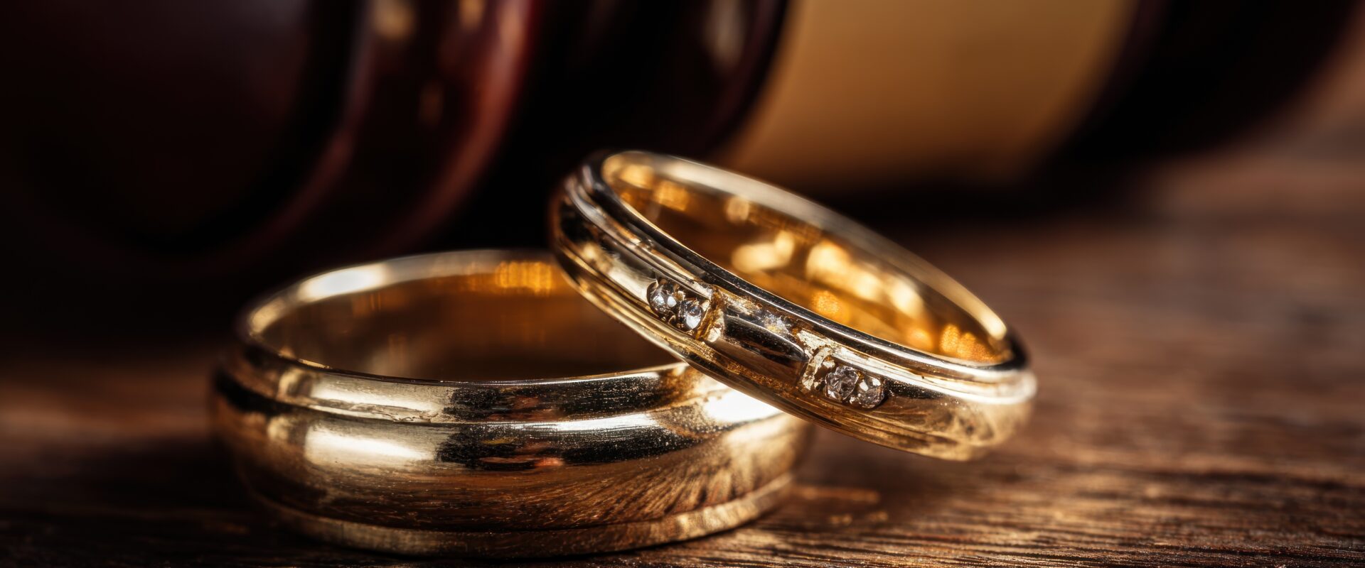 Two wedding rings on a wooden table.