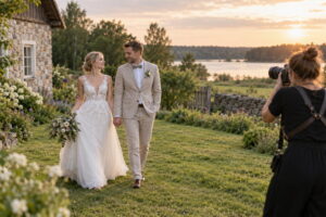 Fotograaf pildistab noorpaari suvises pulmapaigas