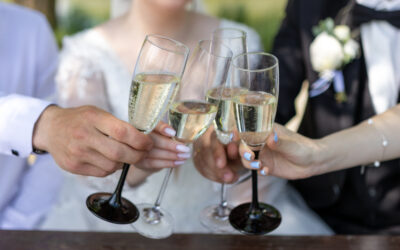 The newlyweds and their friends toast with champagne.